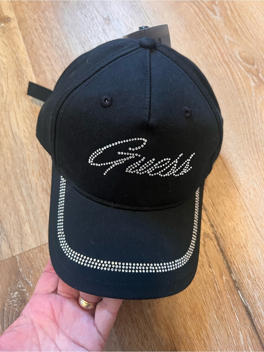 Guess Black Crystal Logo Cap with Rhinestone Trim